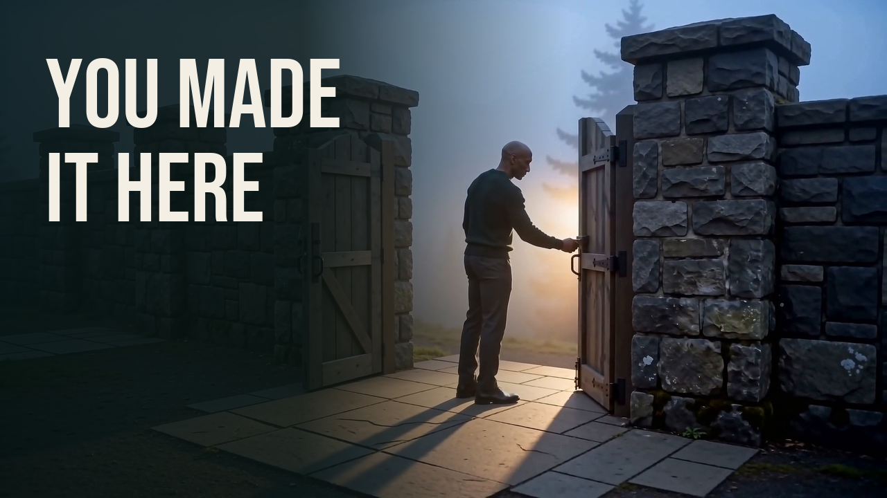 The POP presenter opens a stone gate. Existing cover: You made it here.