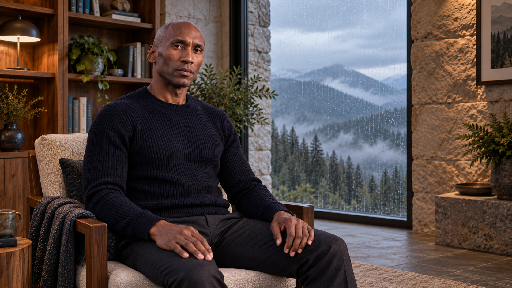 The POP presenter in a navy sweater, seated in the Observatory reading alcove